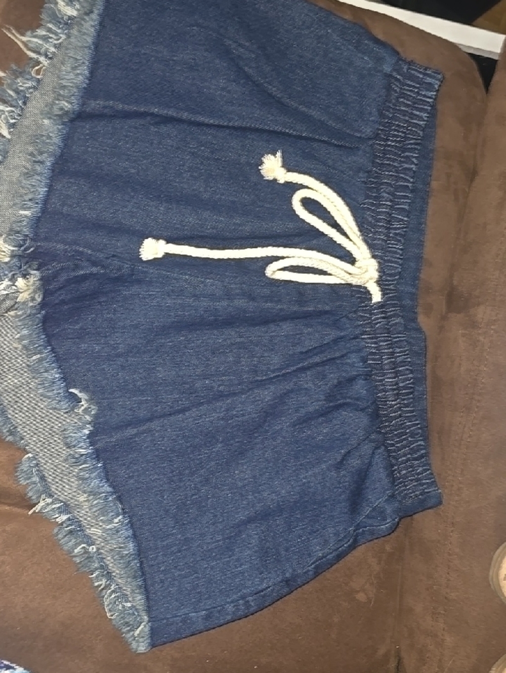 Ellison Dark Blue Denim Drawstring Shorts with Frayed Hem